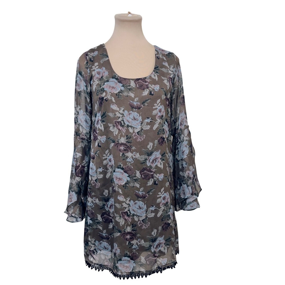 Dee Elle Womens Floral Bell Sleeve Mini Dress Brown Blue Small Whimsical Boho